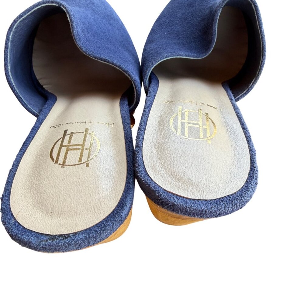 House Of Harlow 1960 x REVOLVE Cut Out Blue Suede Clogs With Wooden Heels & Gold - Picture 6 of 8